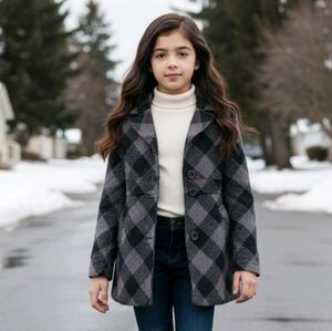 Aeropostale girls' gray black pink plaid pea coats